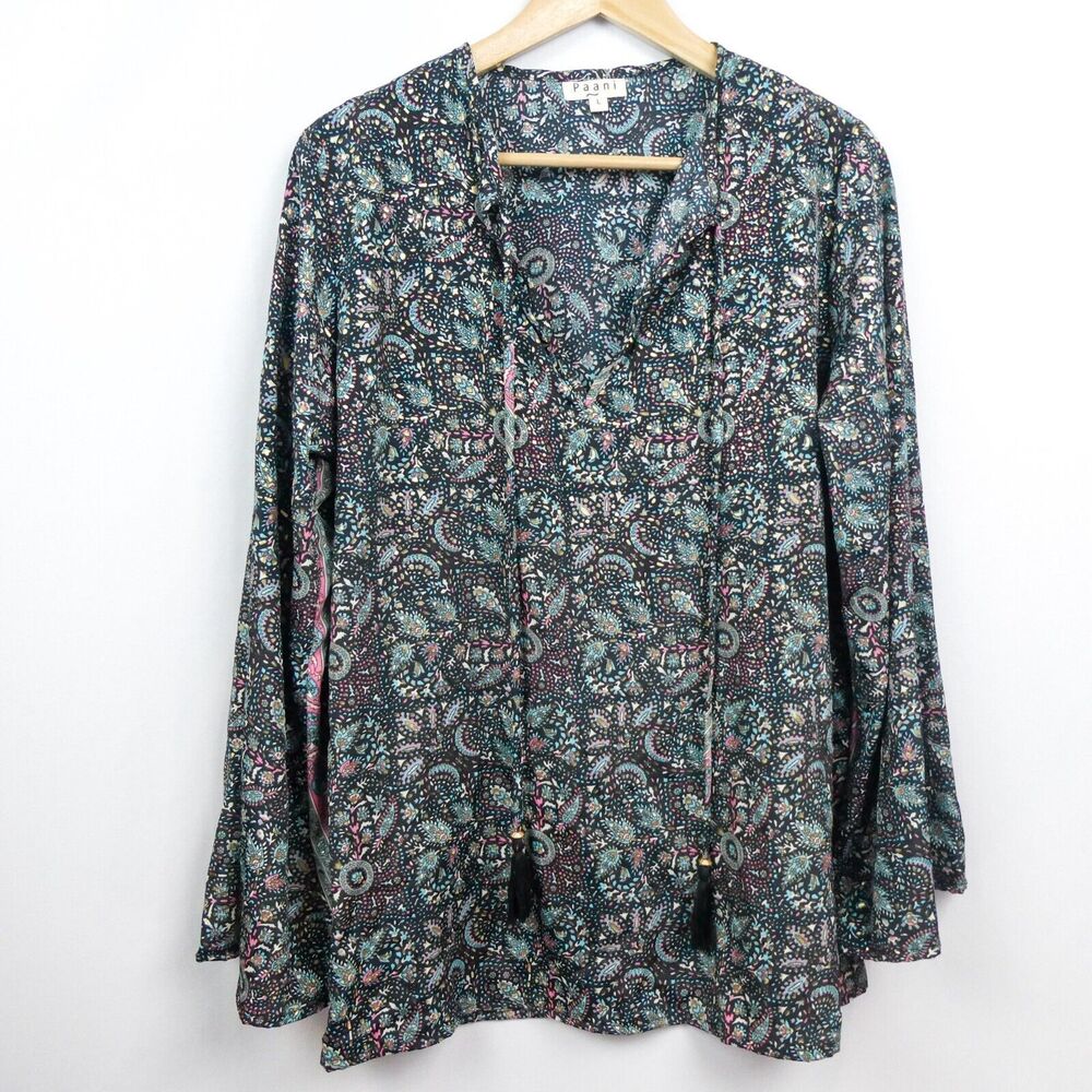 Paani Paisley‎ Gold Metallic Blouse Sz L Navy Blue Multi Tassel Tie Flare Sleeve